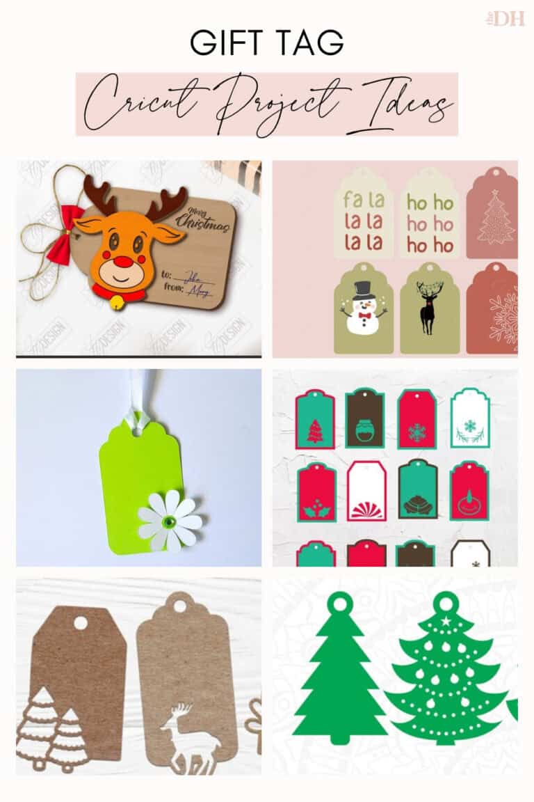 collage of Cricut gift tag ideas including a reindeer tag, faded Christmas tags, a green tag with a 3d daisy, red and green Christmas tags, kraft paper tags and Christmas tree tags