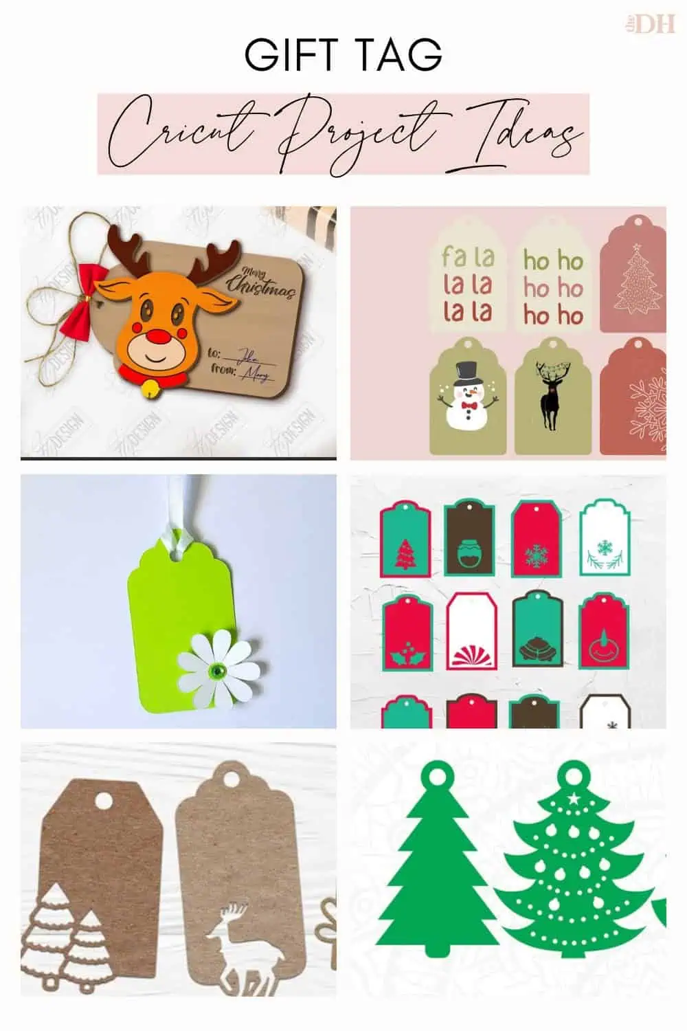collage of handmade Cricut gift tags including a reindeer tag, kraft paper tags, a daisy tag and Christmas tree tags