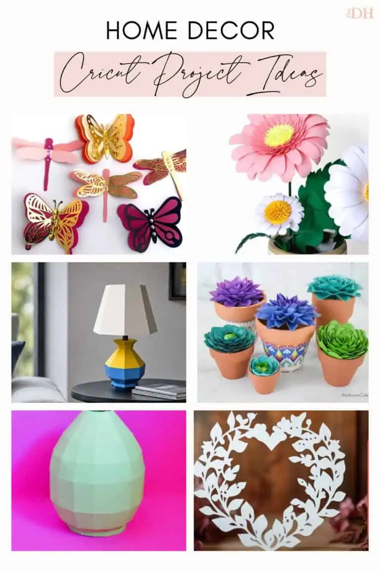 collage of Cricut home decor ideas including 3d paper butterflies, giant paper daisies, a papercraft table lamp, paper succulents, a mint paper vase and a heart wreath