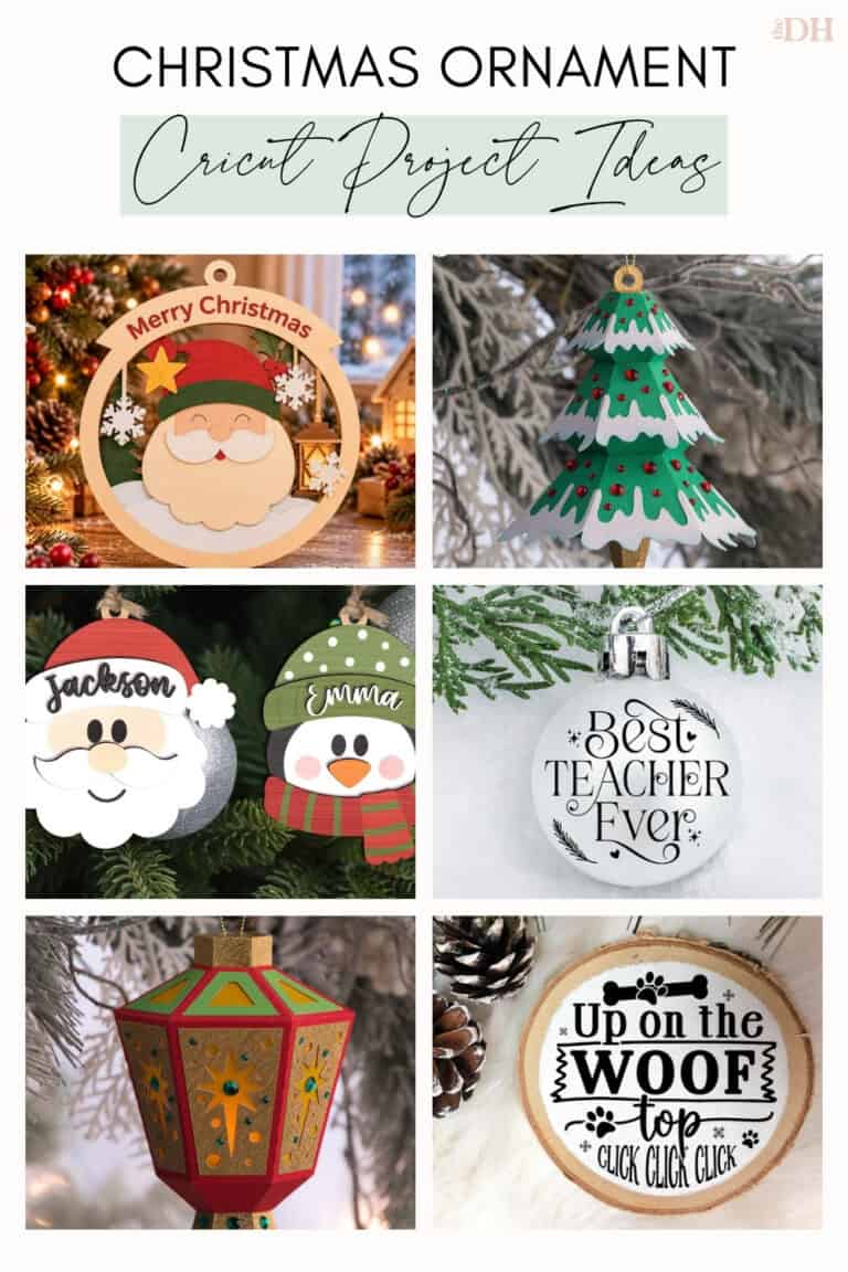 collage of Cricut ornament ideas: a layered Santa ornament, a 3D paper tree ornament, personalized Santa and penguin ornaments, a best teacher ever ornament, a star lantern ornament and an up on the woof top pet ornament