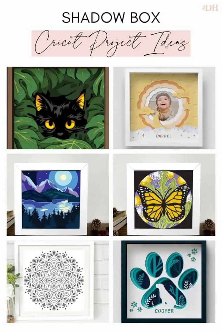 collage of Cricut shadow box ideas: a black cat in monstera leaves, a personalized baby photo frame, a night forest and lake scene, a spring butterfly, a white layered mandala and a personalized dog paw shadow box