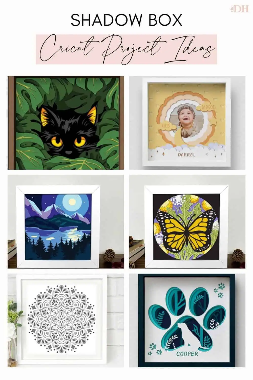 collage of Cricut shadow box ideas: a black cat in monstera leaves, a personalized baby photo frame, a night forest and lake scene, a spring butterfly, a white layered mandala and a personalized dog paw shadow box