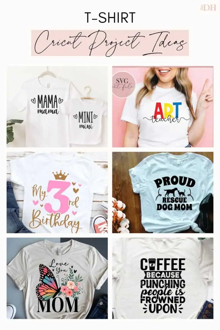 collage of Cricut t-shirt ideas including mama and mini shirts, an art teacher shirt, a 3rd birthday shirt, a rescue dog mom shirt, a love you mom shirt and a funny coffee shirt