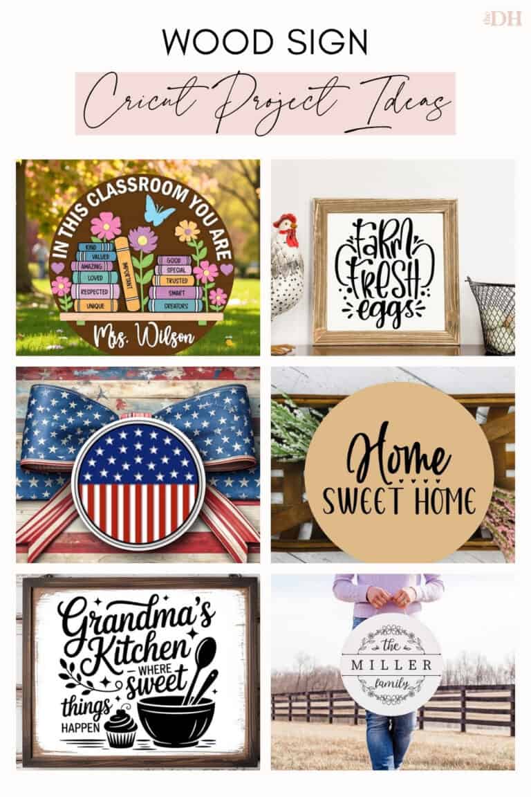 collage of Cricut wood sign ideas: an in this classroom you are teacher sign, a farm fresh eggs kitchen sign, an American flag round door sign, a home sweet home round sign, a grandma's kitchen sign and a round family name sign