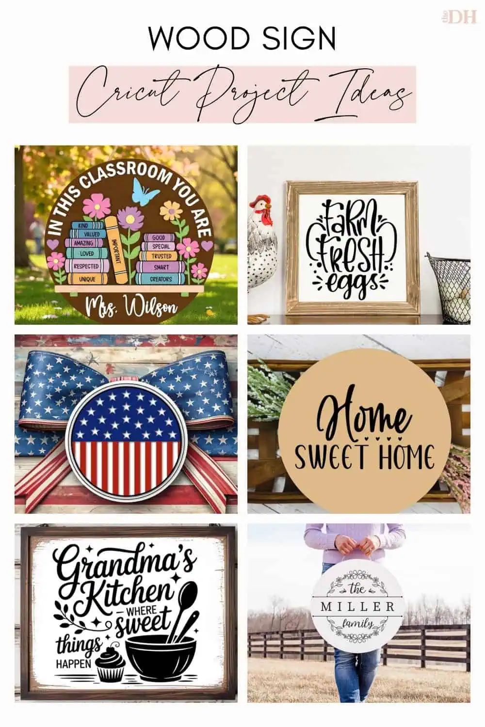 collage of Cricut wood sign ideas: an in this classroom you are teacher sign, a farm fresh eggs kitchen sign, an American flag round door sign, a home sweet home round sign, a grandma's kitchen sign and a round family name sign