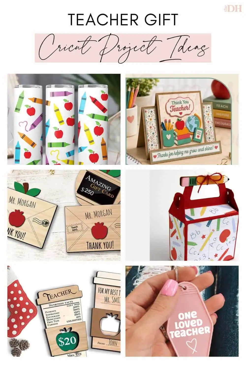 collage of handmade Cricut teacher gifts including crayon tumblers, a thank you card, gift card holders and a keychain