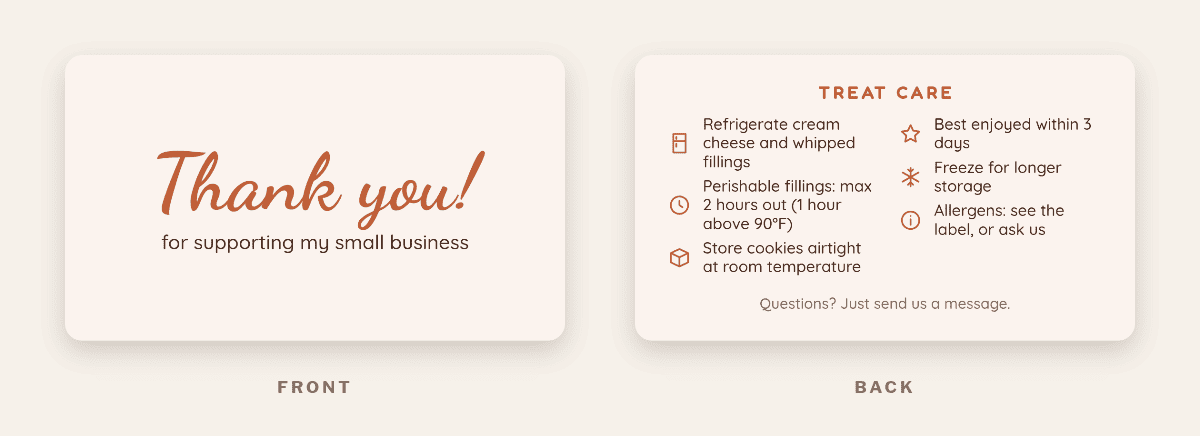 Free printable treat care card in terracotta for cakes and cookies with storage tips
