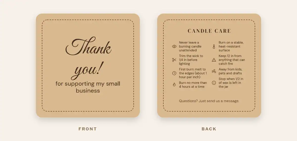 Free printable square kraft candle care card with a script thank-you front and candle safety tips on the back