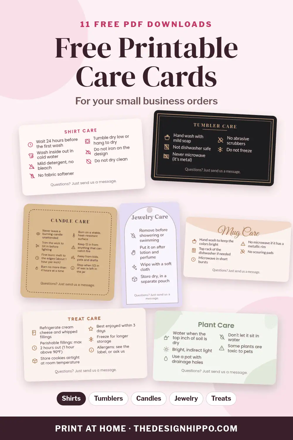 Free printable care cards for shirts, tumblers, candles, jewelry, mugs, treats and plants