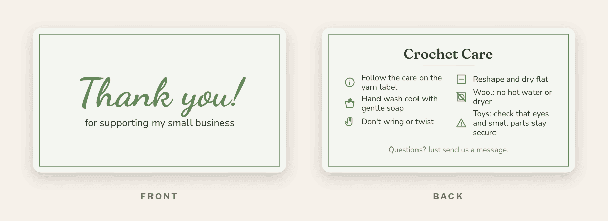 Free printable crochet care card in sage green with a framed design and crochet care steps