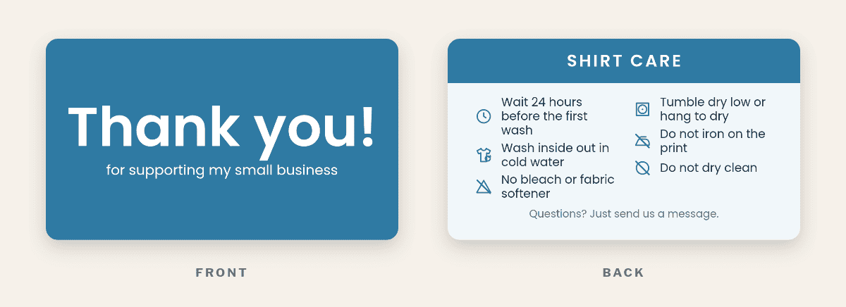 Free printable DTF shirt care card with a bold blue thank-you front and a blue banner on the back