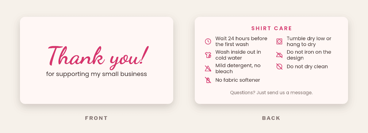 Free printable HTV shirt care card: a blush thank-you card front and a back with shirt care icons