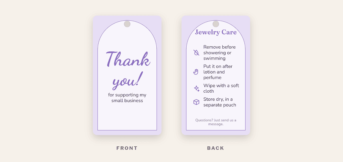 Free printable jewelry care hang tag in lavender with an arch shape and a hole at the top