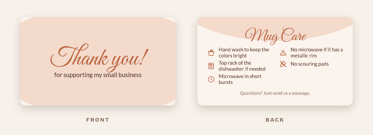 Free printable mug care card in terracotta with a script mug care title