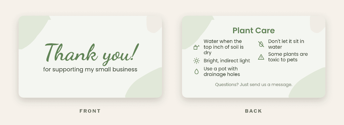 Free printable plant care card in sage with soft shapes and watering and light care icons