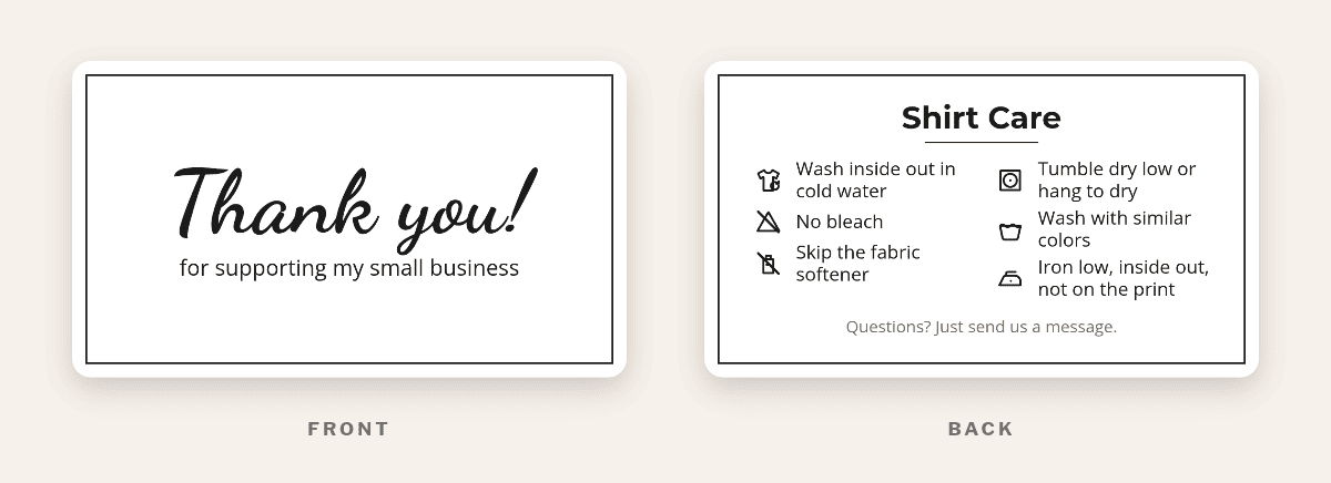 Free printable sublimation shirt care card in black and white with a thank-you front and a care list back