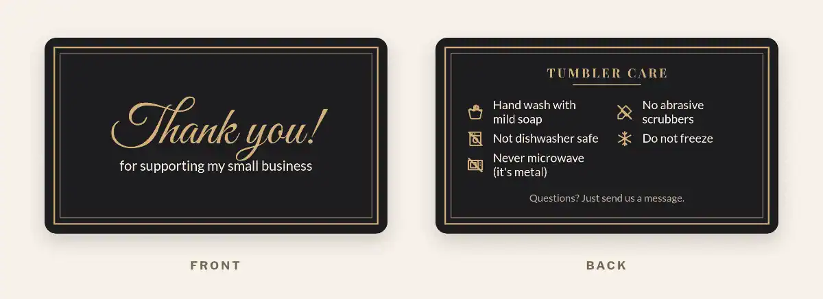 Free printable tumbler care card in black and gold with a script thank-you front and tumbler care icons