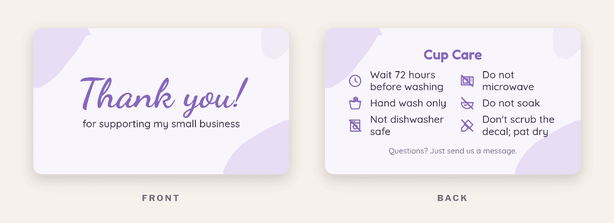 Free printable vinyl decal cup care card in lavender with soft shapes and cup care icons