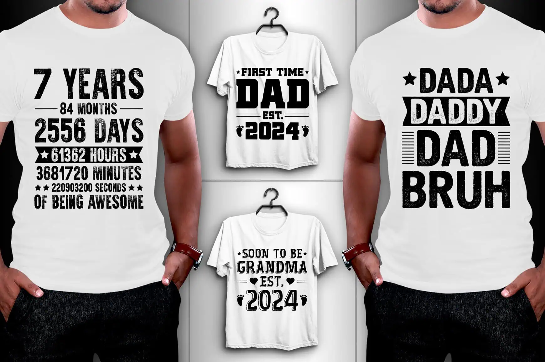 white t-shirts with funny dad sayings including dada daddy dad bruh and first time dad