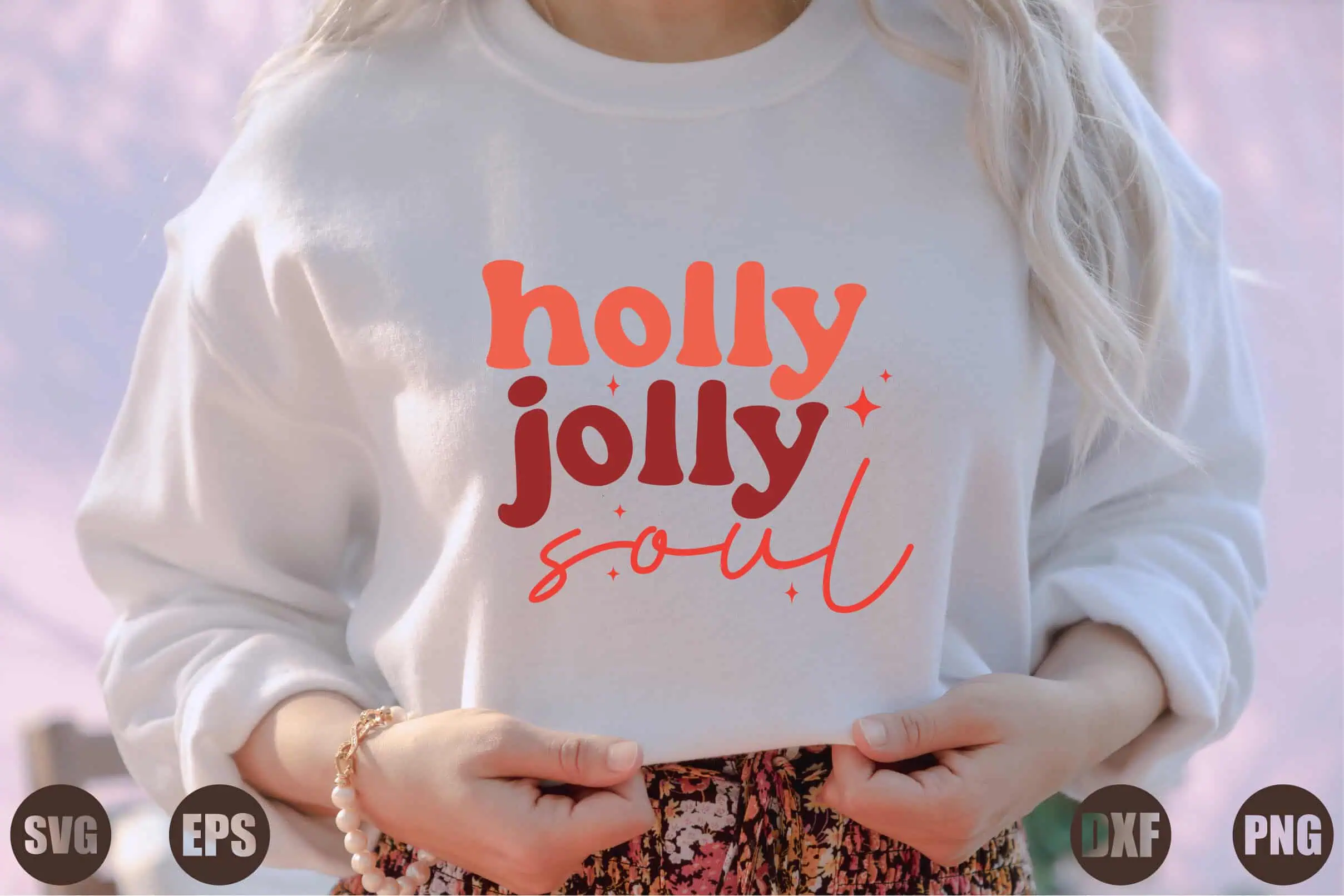 white sweatshirt that says holly jolly soul in coral and red
