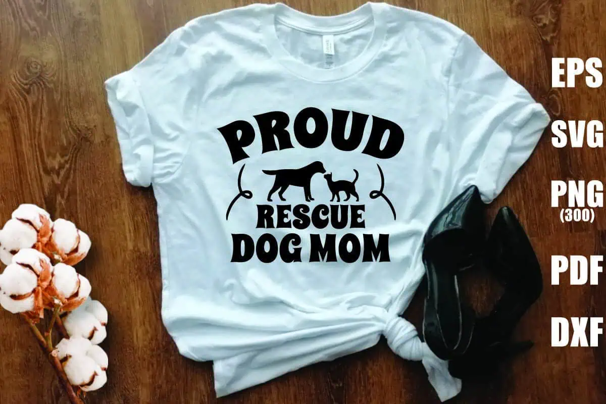 light blue t-shirt that says proud rescue dog mom with a dog and cat silhouette